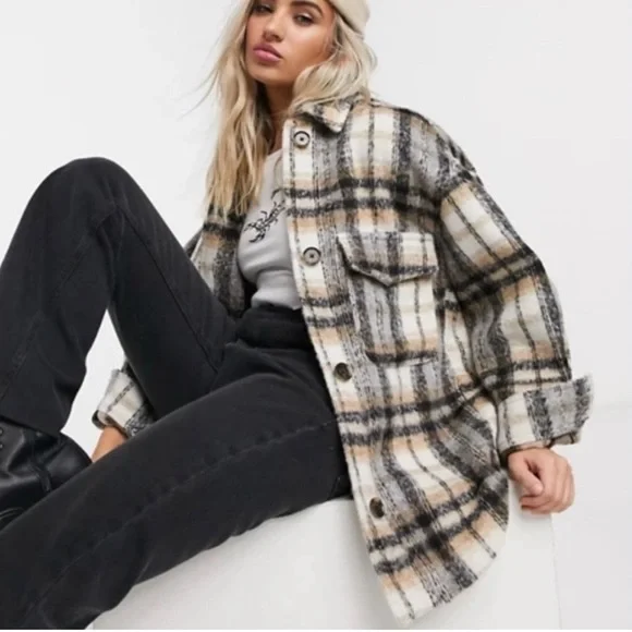 Bershka Plaid Shacket Shirt Jacket Oversized Fit